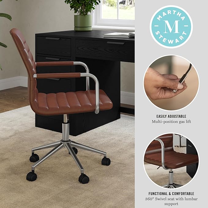 Martha Stewart Taytum Swivel Task Chair with Armrests for Home Office in Saddle Brown Faux Leather with Polished Nickel Frame