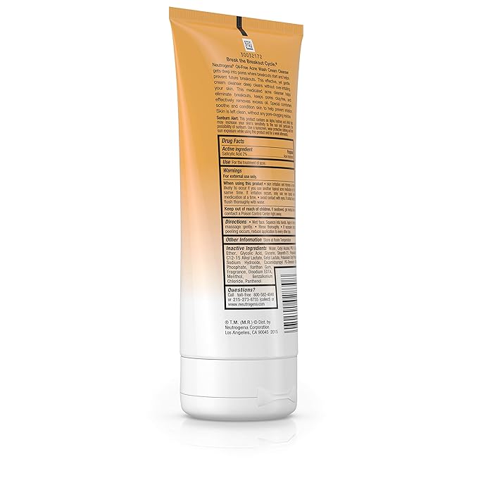 Neutrogena Oil-Free Acne Face Wash Cream Cleanser, 2% Salicylic Acid Acne Treatment, Daily Facial Cleanser for Acne-Prone Skin, 6.7 fl. oz (Pack of 2)