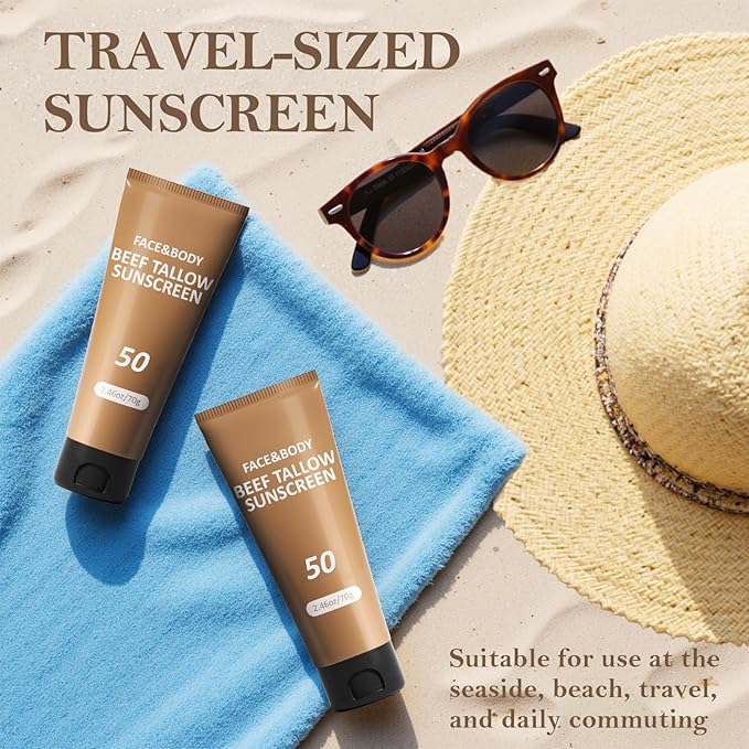 Beef Tallow Sunscreen, Sunscreen for Face, Natural Reef Safe Sunblock for Face Body, Non Greasy Clean Travel Sun Screen Sunblock for Sunmmer Outdoor Travel, 2 Packs