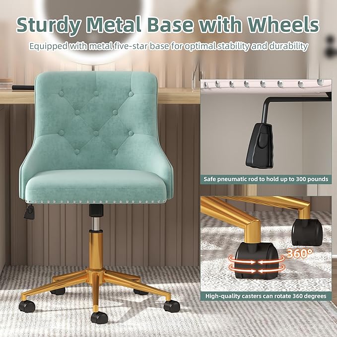 Westice Velvet Desk Chairs, Upholstered Swivel Comfy Makeup Vanity Chair with Tufted Back, Gold Metal Base & Wheels, Height Adjustable Chair for Girls, Bedroom Living Room, Mint Green