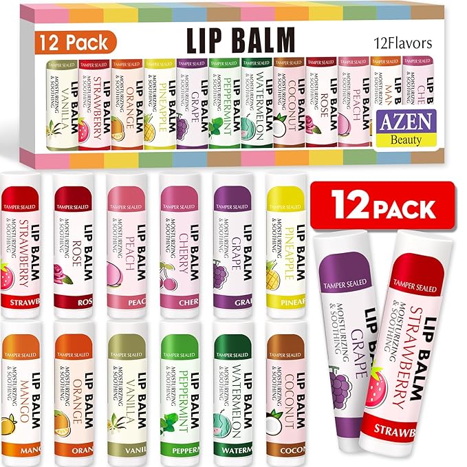 AZEN 12 Pack Lip Balm, Natural Lip Balm Bulk, Lip Care Product, Moisturizing Lip Balms for dry cracked lips, Valentines Gifts Easter Basket Stuffers - 12 Flavors