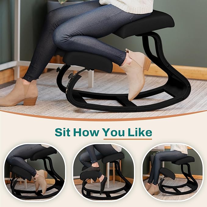 NYPOT Ergonomic Kneeling Chair with Adjustable Seats - Knee Chair for Posture Correction & Kneel Rocking Stool for Desk - Back Pain Relief and Support for Home and Office - Modern Total Black