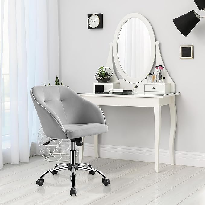 Yaheetech Velvet Desk Vanity Chair with Wheels Back Cute Small Swivel Comfy Computer Chair with Adjustable Height Tilt Angle Upholstered Accent Armchair for Bedroom Light Gray
