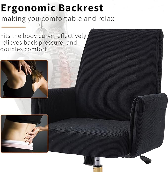 Striped Velvet Office Chair, 360° Swivel Ergonomic Task Chair with High Back, Gold Base and Wheels, Height Adjustable Modern Accent Chair for Home Office, Living Room, Study, Vanity Room (Black)