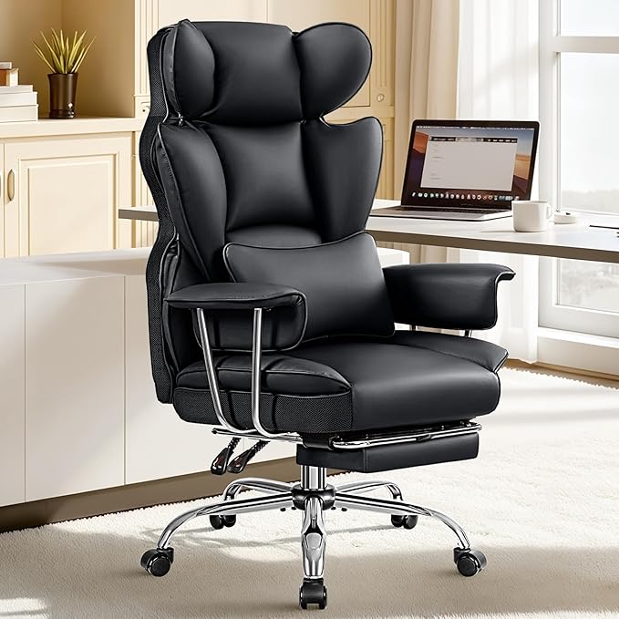 Office Chair Comfy, Big and Tall Executive Leather Chair, High Back Ergonomic Wide Chair with Footrest, Reclining Computer Desk Chair, Heavy Duty Gaming Chair with Padded Arm and Pillow, Black