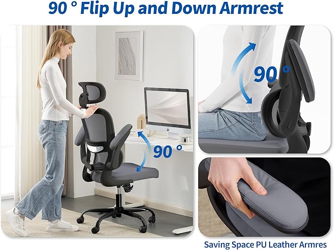 TRALT Ergonomic Office Chair - Desk Chair with Adjustable Headrest Lumbar Support Computer Chair - Mesh Comfy Chair with Flip-up Armrests - Gaming Chairs for Adults Home Office (Leather, Dark Grey)