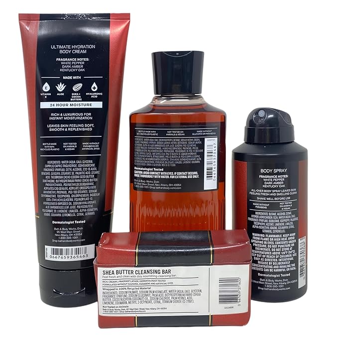 Bath & Body Works Men's Collection Bourbon Gift Set- Ultimate Hydration Body Cream - 3-in-1 Hair, Face & Body Wash - Body Spray and Cleansing Bar - with a Peach Gardenia Sample Soap