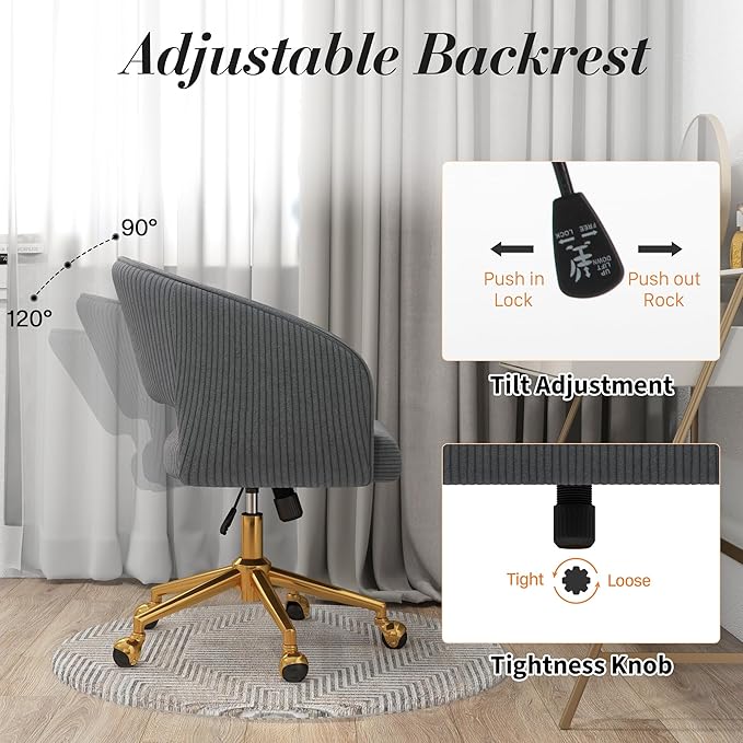 Home Office Swivel Desk Chair, Modern Corduroy Vanity Chair, Height Adjustable Armchair with Gold Base, Ergonomic Office Chair for Task Study Computer Room, Gray