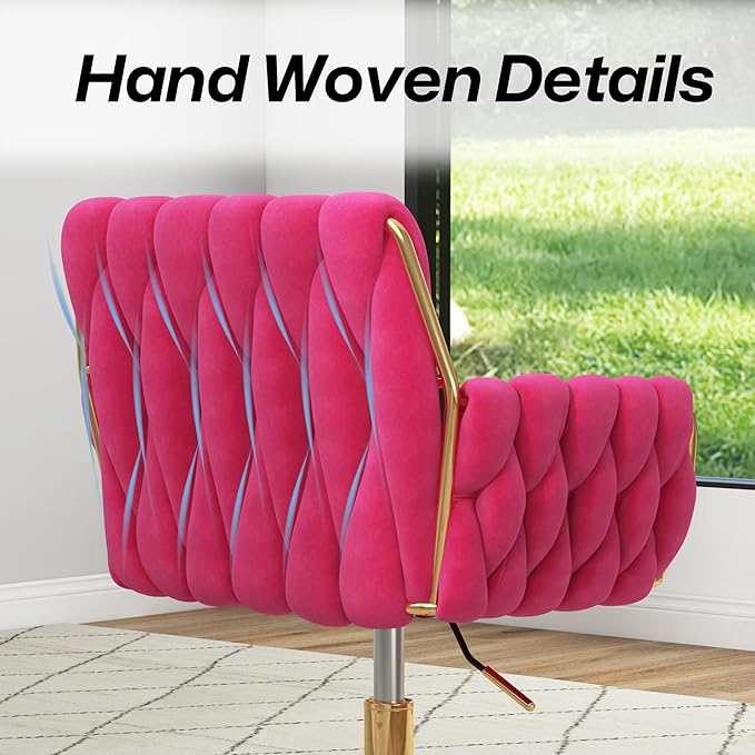 Woven 360°Swivel Desk Chair, Velvet Height Adjustable Home Office Armchair with Golden Base for Teens Women Girls, Upholstery Computer Chair for Home Studios and Office, Woven & Hot Pink