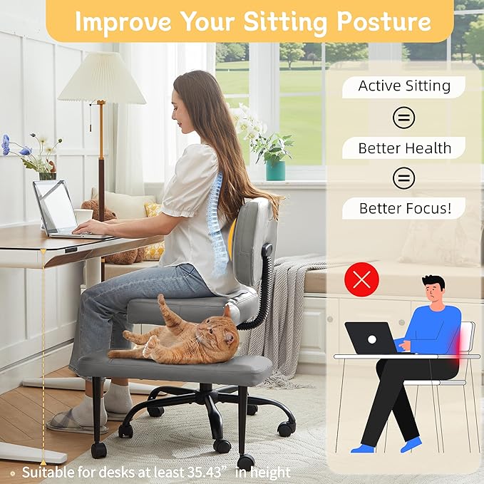 Criss Cross Legged Office Chair with Wheels,Swivel Meditation Chair for ADHD,Ergonomic Cross Legged Desk Chair with Thicken Adjustable Footstool,PU Sitting Fidgeting Kneeling Chair for Home Yoga Grey