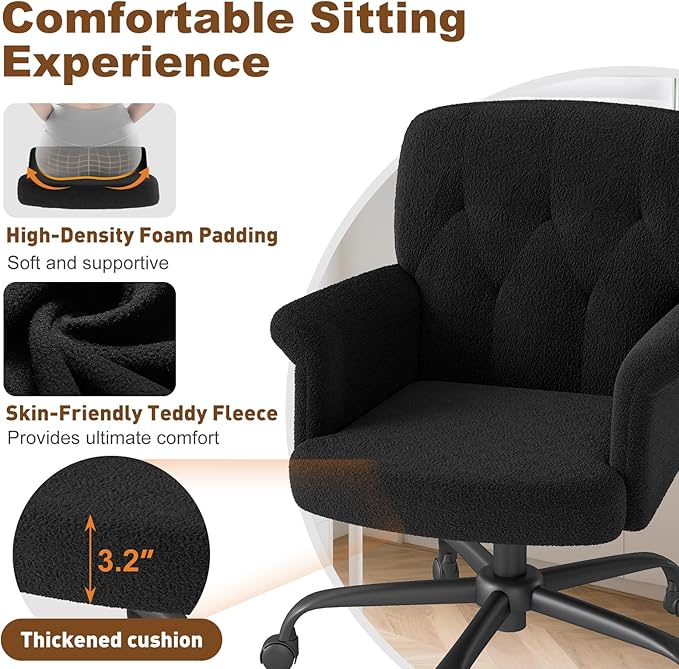 Comfy Home Office Desk Chair, Upholstered Fuzzy Vanity Chair with Wheels and Arms, Modern Adjustable Swivel Computer Seat for Living Room, Bedroom, Make Up, Home Office, Teddy Fleece, Black