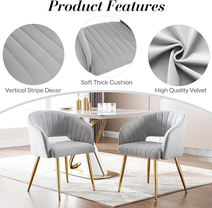 Modern Velvet Vanity Chair, Home Office Desk Chair with Hollow Back, Upholstered Dining Chair with Gold Metal Legs, Comfy Accent Armchair for Living Room Bedroom, Gray