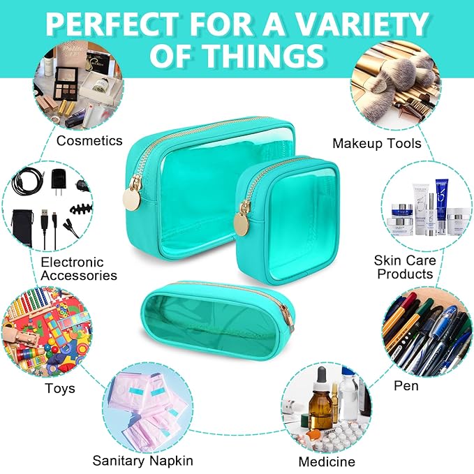 Clear Small Makeup Bag with Zipper, Nylon&PVC Cosmetic Travel Bag Preppy TSA Approved Toiletry Bag for Women Girls, Transparent Waterproof Makeup Pouches Cute Travel Bag for Purse(Small-Mint Green)