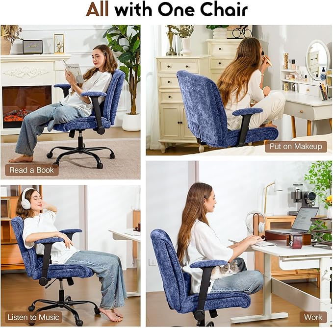 Criss Cross Chair with Wheels & Flip Arms, Wide Cross Legged Office Chair with Adjustable Tilt Criss-Cross Desk Chair with Lumbar Support for Home Office, Bedroom, Apartment Blue
