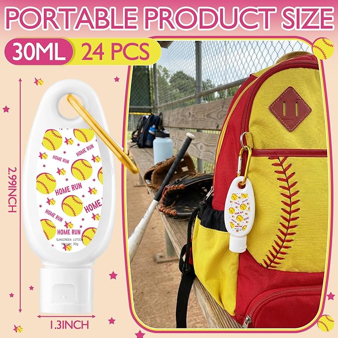 Leelosp 24 Pcs Softball Bulk Mini Sunscreen with Carabiner Bulk Travel Size 1oz Spf 30+ Sport Party Favor Water-resistant Sunscreen Keychain Bottle Softball Team Gift for Girls Friends Party Supplies