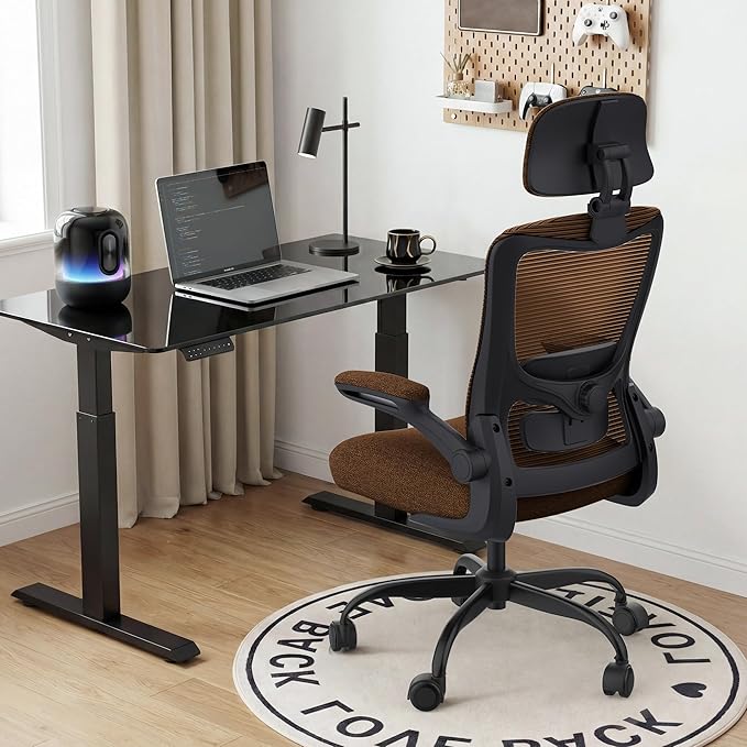 Ergonomic Office Chair, High Back Mesh Desk Chair with Adjustable Lumbar Support & Headrest, Flip-up Armrest, Computer Task Chairs for Home and Executive Office (B-Brown)