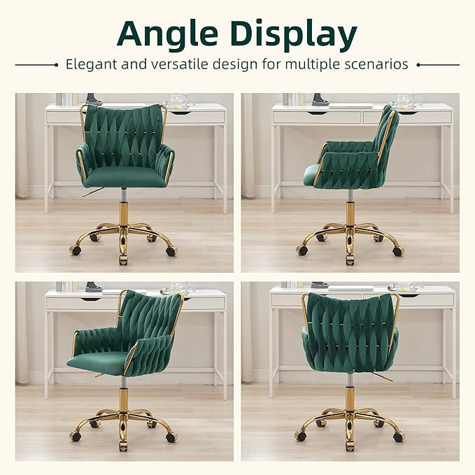 ABET Velvet Desk Chair with Wheels, Cute Upholstered Swivel Office Chair, Modern Gold Rolling Hand Woven Height Adjustable Armchair for Women Girls Home Makeup, Vanity, Nail Salon, Dark Green