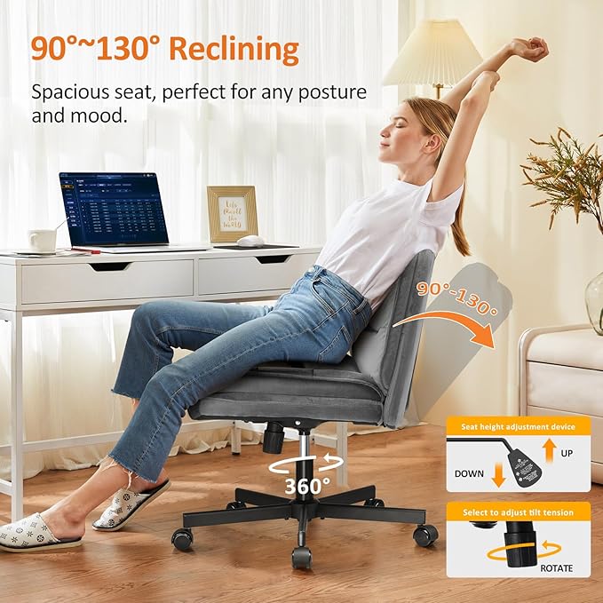 COMHOMA Criss Cross Chair with Wheels Armless Cross Legged Office Chair Wide Home Office Desk Chair Swivel Comfy Vanity Desk Chair Height Adjustable Mid Back Wide Seat Computer Task Chair