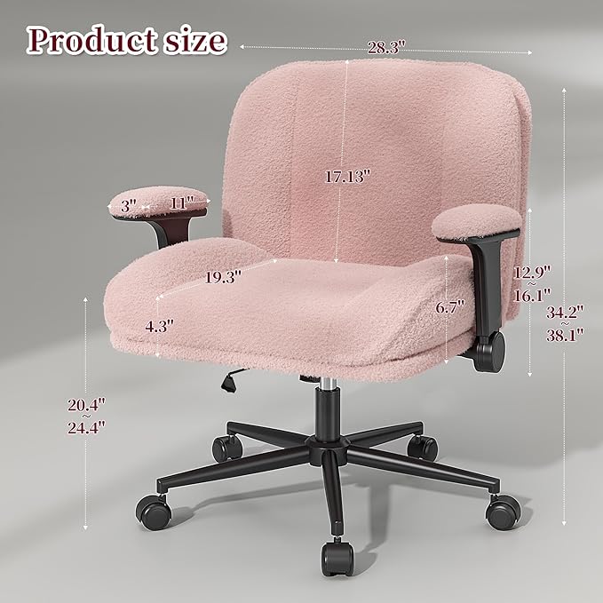 Criss Cross Chair with Wheels,Wide Cross Legged Office Chair with Flip-Up Arms & Extra-Deep Seat Thickened for Home Office, Vanity Chair for Apartment,Plush Cushion,Comfy,Pink