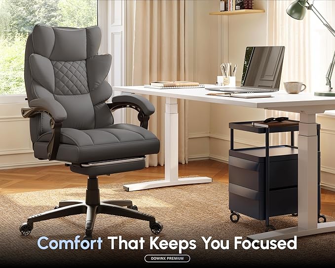 Dowinx Big and Tall Office Chair with Pocket Spring Cushion,High Back Computer Gaming Chairs with Linkage Armrests,Executive Desk Chairs with Footrest,PU Leather-Grey
