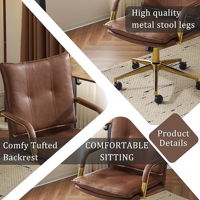 MOJAY Office Chair, Leather Desk Chair, Brown Desk Chair, Mid Century Modern Office Chair, Swivel Comfy Upholstered Wide Seat Chair with Gold Legs and Armrests for Home, Office (Brown&Golden)