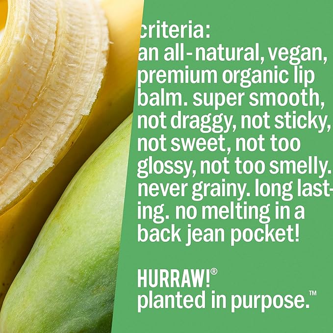 Hurraw! Banana Lip Balm: Organic, Certified Vegan, Cruelty and Gluten Free. Non-GMO, 100% Natural Ingredients. Bee, Shea, Soy and Palm Free. Made in USA