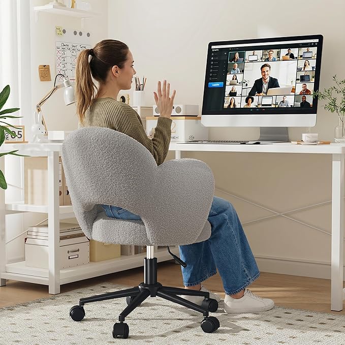 Petal Vanity Chair, Cute Vanity Chair with Wheels, Height Adjustable, Velvet Desk Chair for Study, Makeup & Relaxation, Grey