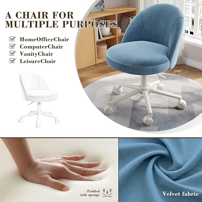 EnHomee Vanity Chair with Wheels, Cute Desk Chair with Back,Comfortable Office Chair with Adjustable Rolling Swivel for Makeup Room Bedroom, Home Office, Armless,Fog Blue