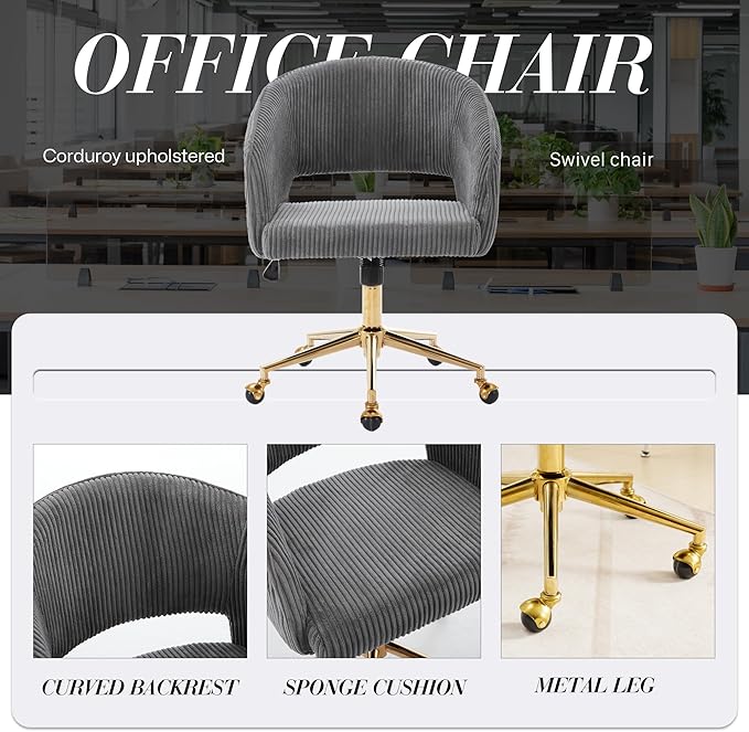 Home Office Chair Swivel Corduroy Fabric Desk Chair Accent Armchair Upholstered Modern Tufted Chairs with Gold Base for Girls Women Ergonomic Study Seat Computer Task Stools for Living Room(Gray)