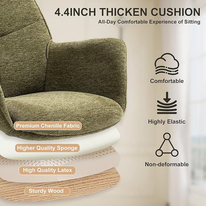 Home Office Desk Chair Swivel Ergonomic Computer Chair with Rolling Wheels, Adjustable Height Accent Armchair Upholstered Chenille for Living Room, Home Office, Study, Make Up, Green