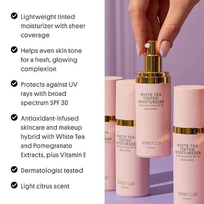 Winky Lux White Tea Tinted Moisturizer SPF 30 - Buildable Coverage with Facial SPF, Lightweight Sunscreen for Face, Naturally Radiant Finish, Long Lasting Coverage with Vitamin E, Deep