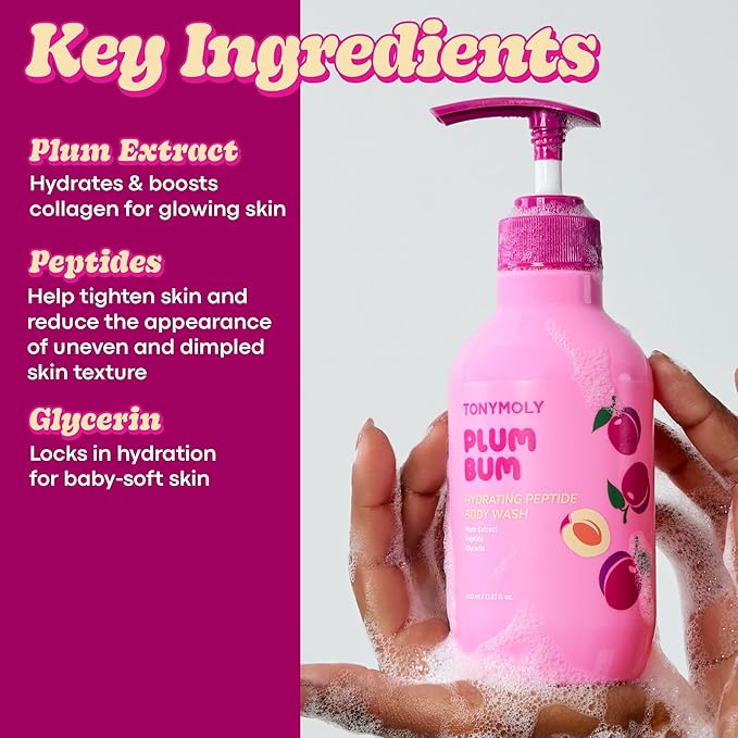 TONYMOLY Plum Bum Peptide Hydrating Body Wash – Moisturizing & Nourishing Cleanser with Plum Extract, Peptides & Glycerin – Gentle Korean Body Wash for Soft, Smooth, Radiant Skin, 13.5 fl oz