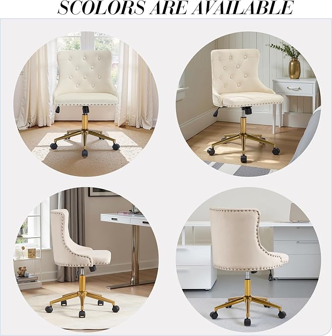 Velvet Armless Home Office Desk Chair, Swivel Height-Adjustable Small Cute Vanity Chair for Women/Girls, Comfy Makeup Chair with Rivet and Gold Base for Living Room, Bedroom(Beige)