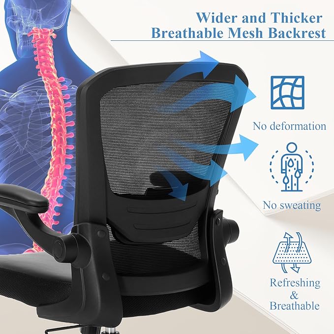 Ergonomic Office Chair 400lbs PU Leather Mesh Desk Chair with Lumbar Support, Flip-Up Arms, Swivel Wheels, Adjustable Height, Rolling Executive Computer Task Chair for Home Office,Black