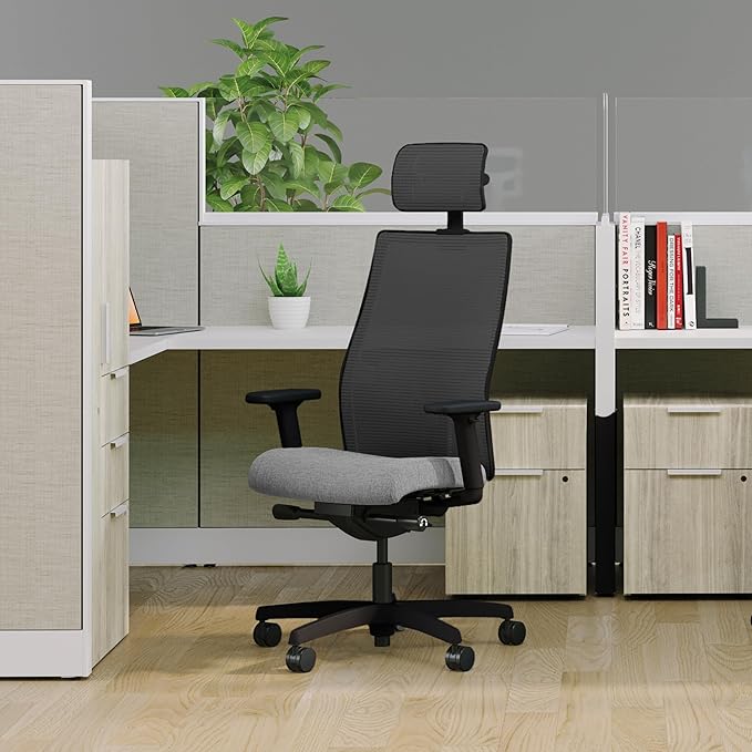 HON Ignition 2.0 Big and Tall Office Chair with Headrest, 450lbs Weight Capacity, Extra Wide Seat, Tilt Recline, Swivel Wheels, Heavy Duty Office Chair, Comfortable for Long Hours, Black Frame, Ash