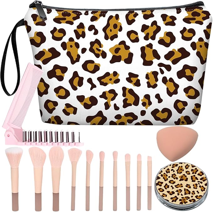 Personalized leopard print Makeup Bag set with Mirror for Women,Leopard Pattern Travel Cosmetic bag kit for Bride Bridesmaid with pink brush set,Leopard Gifts for Mom Girls femal Friends