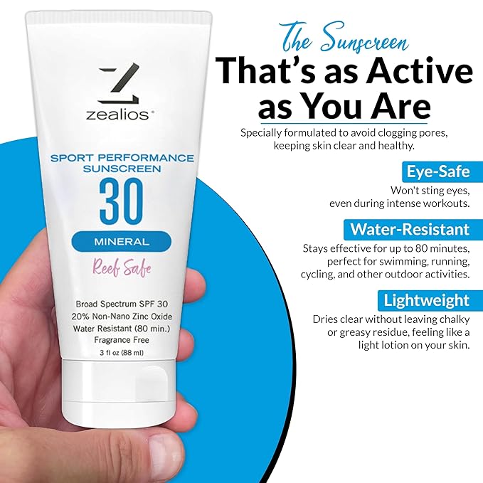 Zealios Sport Performance Mineral Reef Safe SPF 30 Sunscreen, 3 oz Tube, Water & Sweat Resistant (80 min) Non-Greasy, 20% Non-Nano Zinc Oxide, for Running, Cycling, Swimming