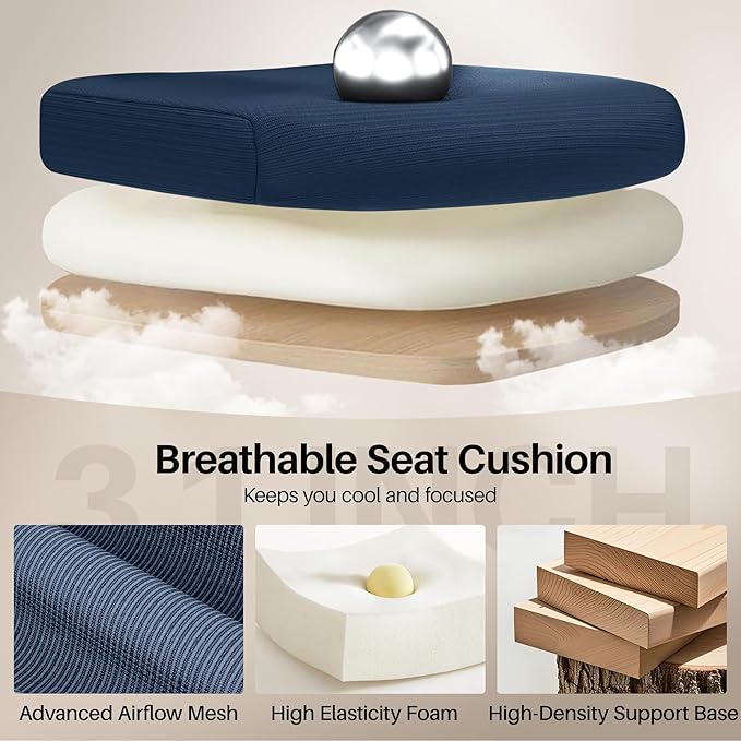 Office Chair Ergonomic Desk Chair, Adjustable Lumbar Support Rolling Swivel Comfy Chair with Space-Saving Flip Up Armrests, Mesh Gaming Chair for Business Work Office & Home,Blue 4pcs