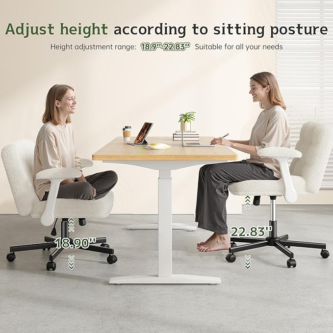 Criss Cross Chair with Wheels, Office Chair with Flip-up Armrests, Vanity Chair for Bedroom, Home Office, Apartment, Plush Fabric, White