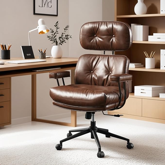 ovios Ergonomic Office Chair, High Back Faux Leather Executive Chairs with Thick Cushion, Comfy Mid-Century Modern Swivel Rolling Computer Armchair (Dark Brown, PU Leather)