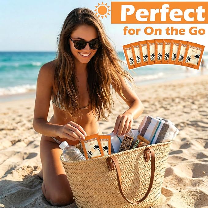 Leelosp Pack of 100 Mini Sunscreen Packets Bulk SPF 30+ Travel Size Sunscreen Lotion Moisturizing for Summer Party Favors Thank You Gifts