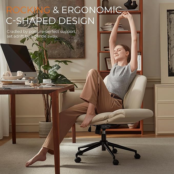 Dowinx Criss Cross Chair with Five-Level Adjustable Arms and Wheels - Comfortable Ergonomic PU Leather Swivel Vanity Chair - Computer Makeup Gaming Chair for Home Office, Bedroom, Vanity Room (Khaki)