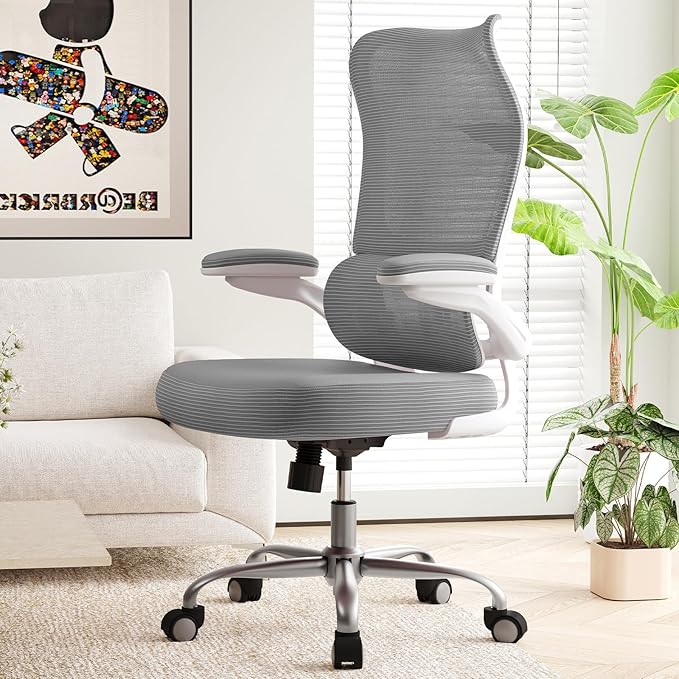 TRALT Ergonomic Office Chair - Desk Chair with Wave High Back Adjustable Lumbar Support Computer Chair - Gaming Chairs Mesh Backrest and PU Leather Seat for Home Reading Chairs to Adults(Grey)