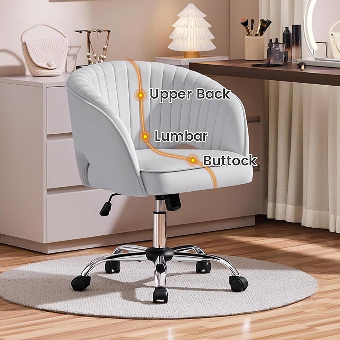 Yaheetech Velvet Swivel Vanity Chair with Back Upholstered Home Office Desk Armchair with Wheels Small Desk Chair for Bedroom Light Gray