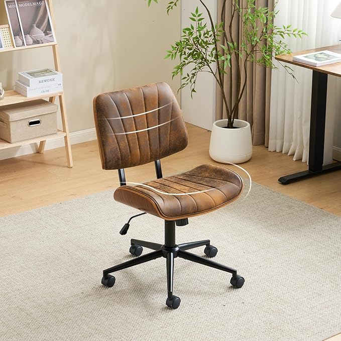 VINGLI Wide Curved Seat&Back Armless Home Office Chair,Ergoromic Adjustable-Height Desk Chair,Swivel&Tilting Function,Stylish Walnut Task Chair for Meeing Room,Dining Room,Vintage Rustic