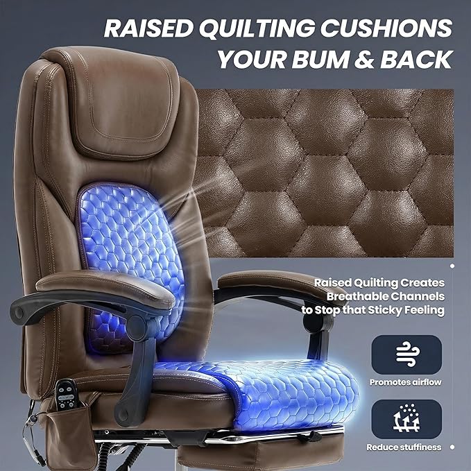 Massage Office Chair with 3-Level Heat and Footrest – 20-Min Easy Assembly, 300 lbs Big and Tall Reclining Desk Chair, PU Leather Ergonomic Executive Computer Chair with Side Pocket, Brown