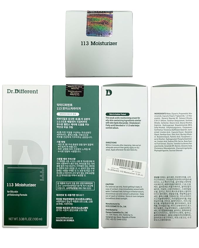 Dr.Different 113 Moisturizer - Sebum Control Face Moisturizer for Oily Skin, Pore Reducing and Trouble Care, Hypoallergenic Moisturizing and Soothing Facial Cream, 3.38 oz.