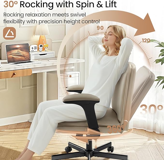 Criss Cross Office Chair with Wheels - PU Leather Wide Criss Cross Desk Chair with Flip-up Arms and Thick Cushion - Comfy Tilting Swivel Rolling Vanity Chair for Home Office Bedroom Apartment