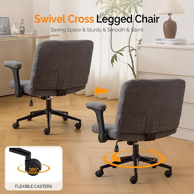 VINGLI Criss Cross Chair with Adjustable Flip-Up Arms,Cross Legged Chair with Wheels,Extra Wide Office Chair,Desk Chair for Home Office,Vanity,Bedroom, Apartment,Starry Chenille,Dark Grey