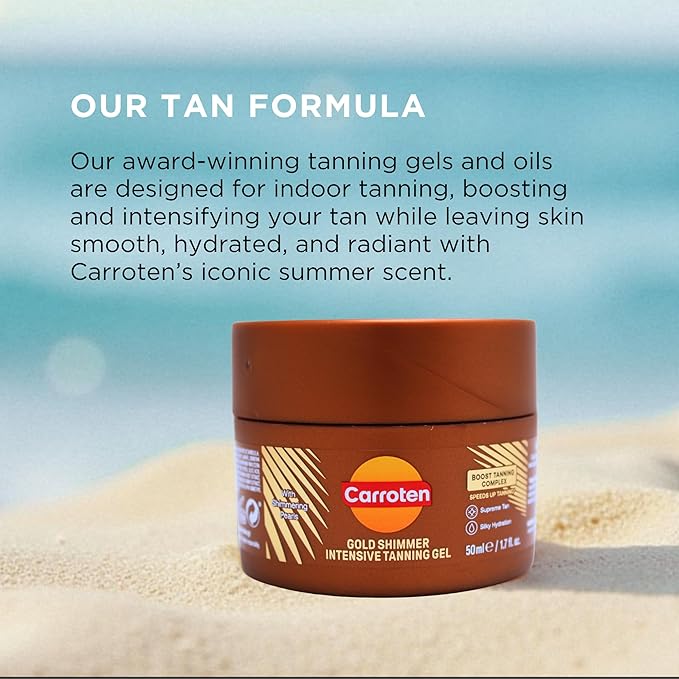 Carroten Mini Shimmer Gold Tanning Gel | Travel Size Tan Accelerator & Body Bronzer | Non-Greasy Water-Resistant with Carrot & Coconut Oil | Vitamin A & E For Moisture & Hydration | 1.7 oz + Spatula